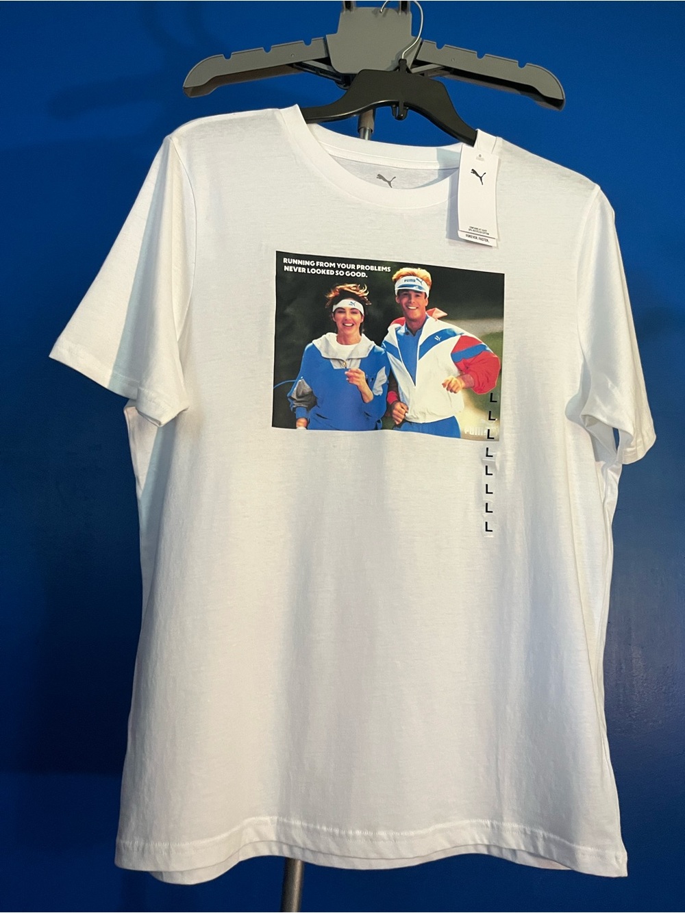 Puma White Short Sleeve Tee with Blue and Red Graphic